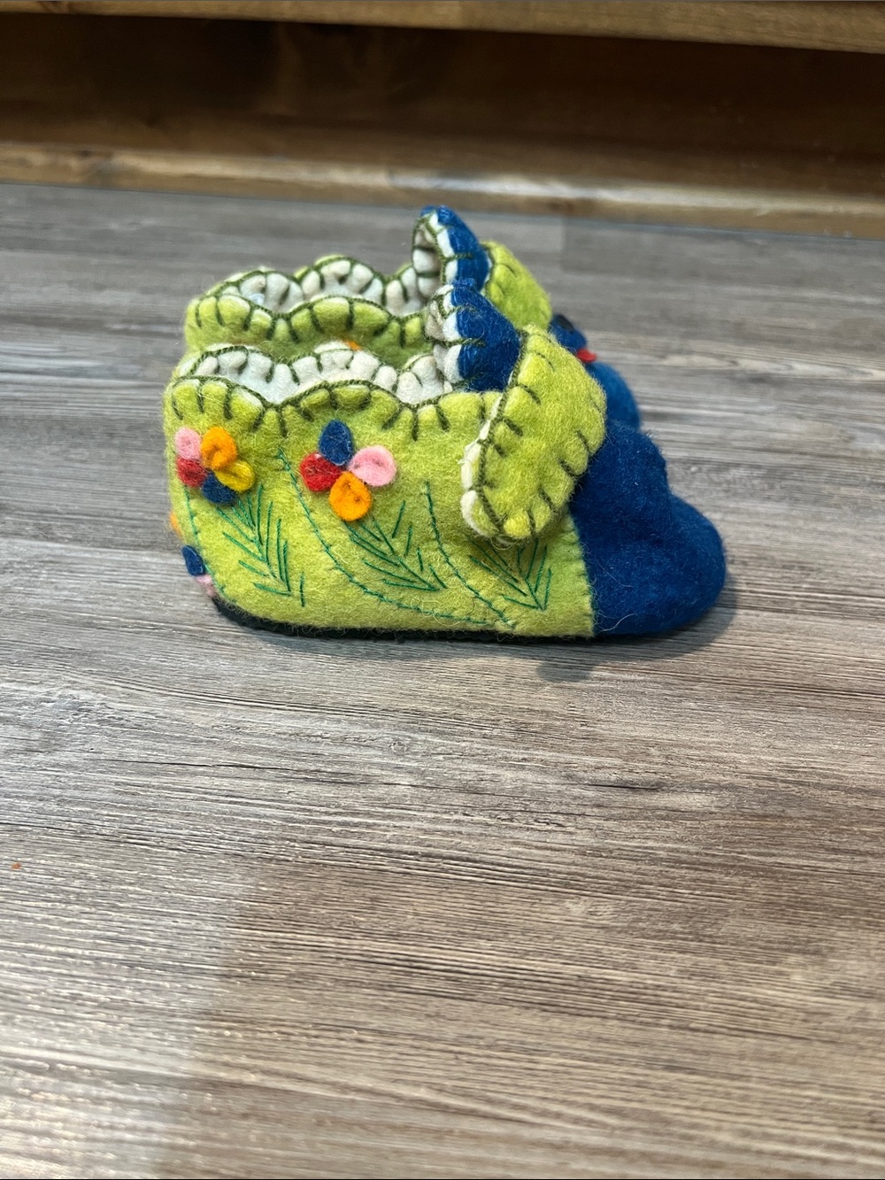 Children's Felt Moccasin Slippers in Blue and Lime Green with Floral Embroidery